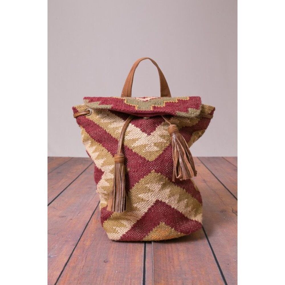 Lovestitch Wine Carpet Backpack Ikat Jute Leather Tassel Boho Festival Bag - Picture 3 of 12